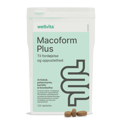 Wellvita Macoform Plus fordøjelseskosttilskud med artiskok, pebermynte og kamille, 120 tabletter.
