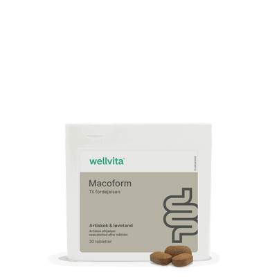 Wellvita Macoform kosttilskud med artiskok og mælkebøtte mod oppustethed, 60 tabletter.