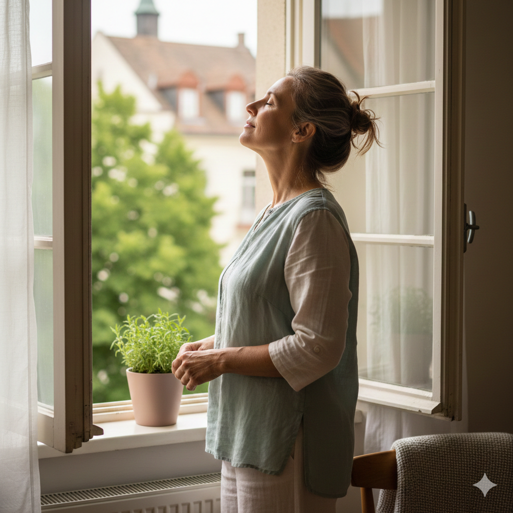 Kvinde i 50'erne trækker frisk luft ved åbent vindue i blødt dagslys