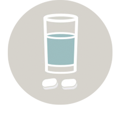 Grafisk illustration af et glas vand og to piller