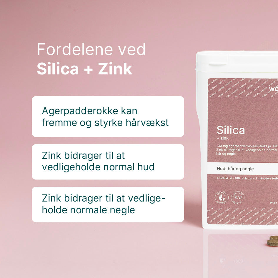 Silica tilskud til hår, hud og negle med zink og C-vitamin.
