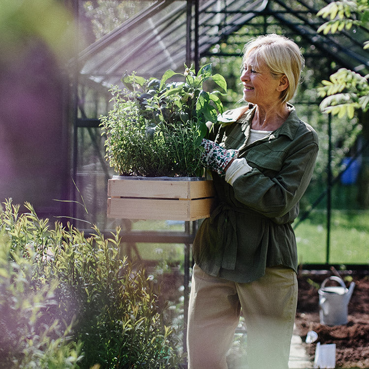 En kvinde med planter i hænder i et drivhus