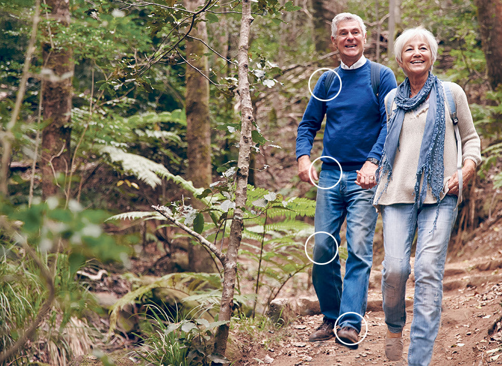 Par på tur i en skov med markering af problemer ved skulder, hofte, knæ og ankler. 