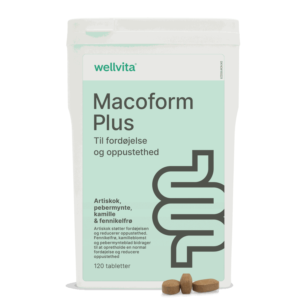 Macoform Plus kosttilskud med artiskok, pebermynte, kamille og fennikelfrø til fordøjelse og reduktion af oppustethed, 120 tabletter.