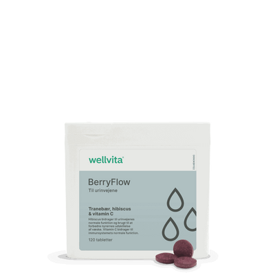 Wellvita BerryFlow kosttilskud til urinveje med tranebærekstrakt.