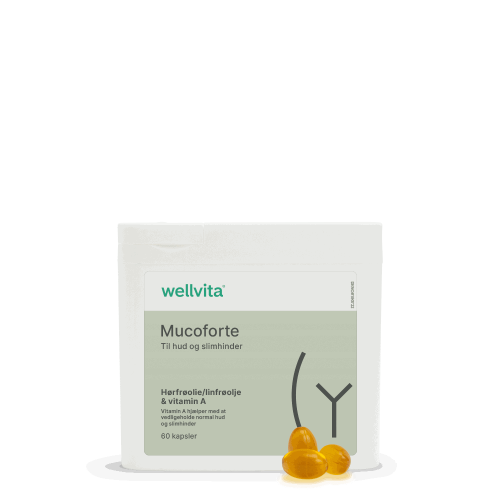 Mucoforte kosttilskud med hørfrøolie og vitamin A til vedligeholdelse af hud og slimhinder, 60 kapsler.