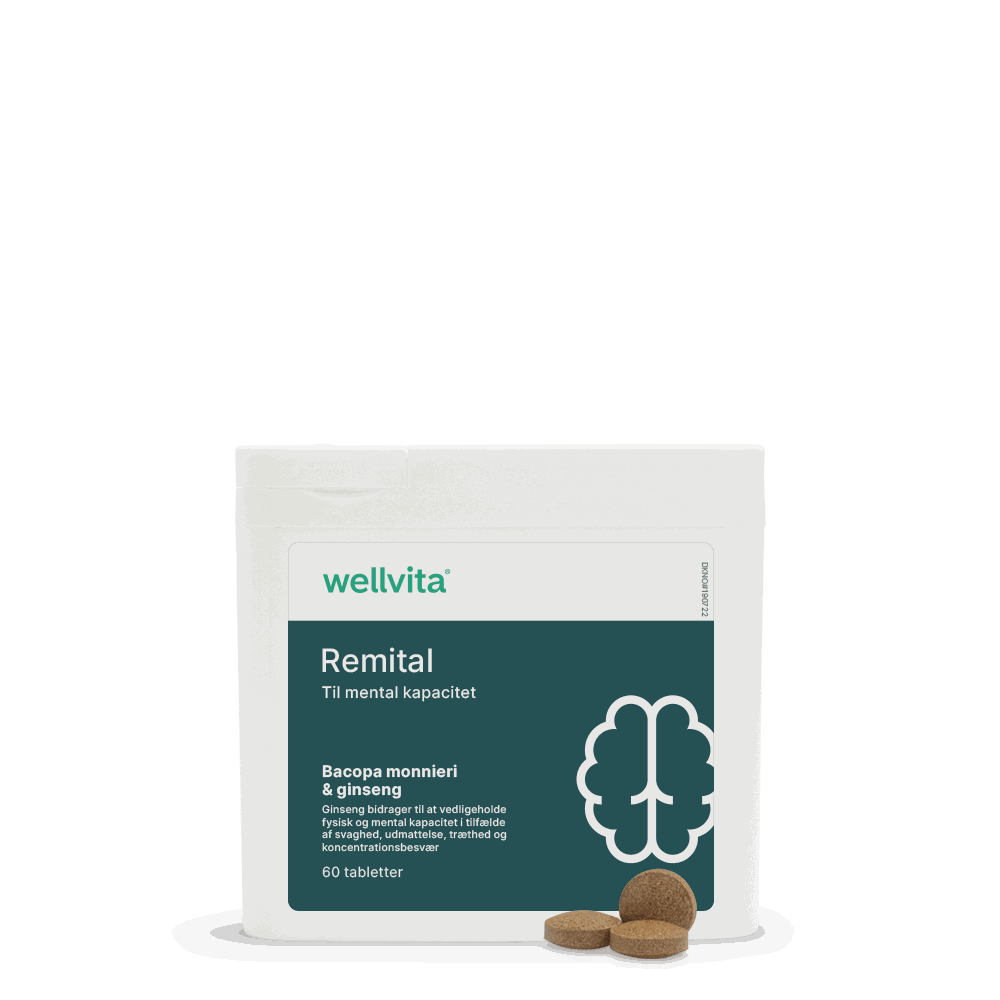 Remital kosttilskud med bacopa monnieri og ginseng til forbedret hukommelse og mental skarphed, 60 tabletter.